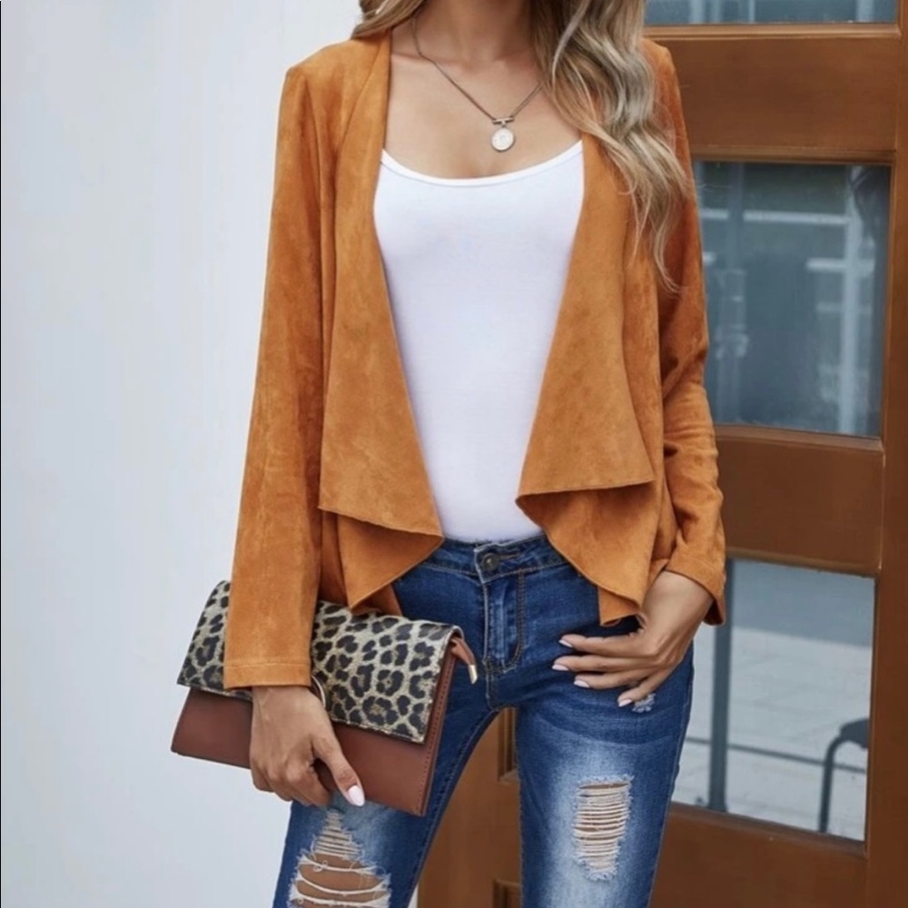 Vegan Suede Camel Cardigan - lightweight with waterfall open front design